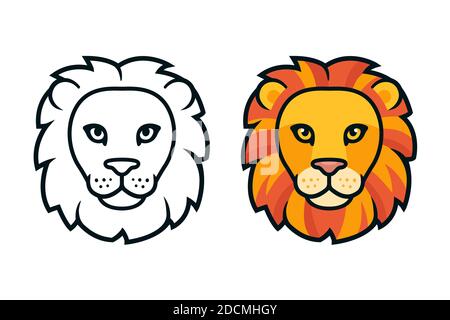 Testa leone cartoon, colore e bianco e nero. Mascot vista frontale, elemento di design con logo. Illustrazione della clip art vettoriale isolata. Illustrazione Vettoriale