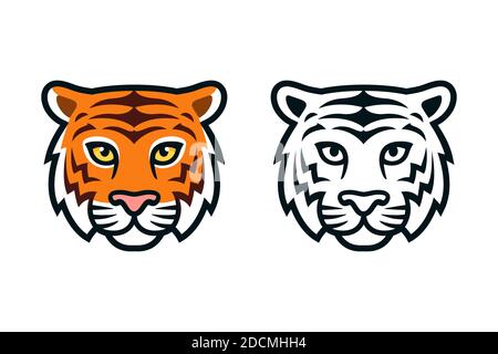 Testa tigre cartoni animati, colore e bianco e nero. Mascot vista frontale, elemento di design con logo. Illustrazione della clip art vettoriale isolata. Illustrazione Vettoriale
