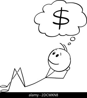 Grafico del cartoon vettoriale illustrazione dell'uomo, dell'imprenditore o dell'uomo d'affari che si trova sulla terra e che pensa o sogna circa i soldi. Simbolo del dollaro nella bolla di pensiero o palloncino. Concetto di profitto, reddito, planing. Illustrazione Vettoriale