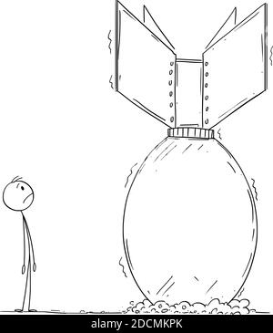 Grafico del cartoon vettoriale illustrazione di un uomo spaventoso frustrato guardando il bastone nucleare dell'aria atomica bomba in terra che può esplodere qualsiasi secondo. Concetto di minaccia, pericolo, guerra o conflitto. Illustrazione Vettoriale