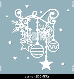 rami e palloncini di conifere, fiocchi di neve, stelle di carta. Albero di Natale rami silhouette. Elementi decorativi in abete rosso. Template per il taglio laser an Illustrazione Vettoriale