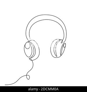 Cuffie wireless con simboli musicali e tecnologici illustrazione vettoriale isolata su sfondo bianco. Disegno a linea continua. Vettore monocromatico, dr Illustrazione Vettoriale