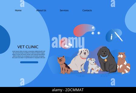 Banner sito web clinica veterinaria con animali domestici flat vettore illustrazione. Illustrazione Vettoriale