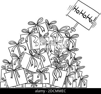 Cartoon vettore in bianco e nero illustrazione o disegno di grande pila di regali o regali di natale. Mano di Babbo Natale sta attaccando fuori con il segno di hohoho. Illustrazione Vettoriale
