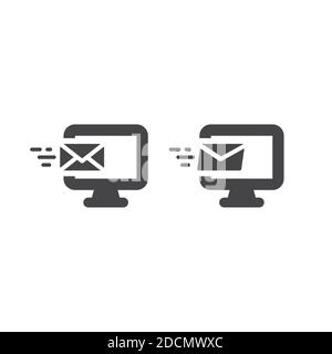 Monitor o schermo del computer con icona a forma di lettera e busta. E-mail o e-mail e simbolo vettoriale nero del messaggio. Illustrazione Vettoriale