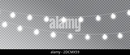 Luci di Natale isolate su banner lungo trasparente. Luci da terra bianche incandescenti. Celebrazione sfondo. Lampada LED al neon. Decorazioni luminose per Natale Illustrazione Vettoriale