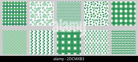 Set di motivi senza giunture in gingham verde. Sfondi vettoriali quadrati geometrici e floreali 10 per tovaglie, tovaglioli e altri prodotti tessili. Illustrazione Vettoriale
