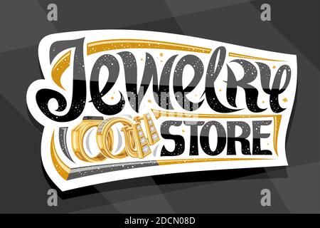 Logo vettoriale per Jewellery Store, cartellone decorativo con illustrazione di anelli dorati con pietra preziosa nera e diamanti, orecchini con engli Illustrazione Vettoriale