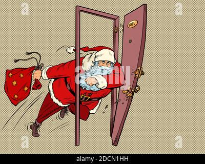 Babbo Natale sta calando la porta nel 2021. Anno nuovo e Natale Illustrazione Vettoriale