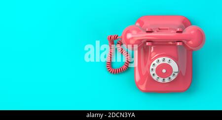 Telefono rotante rosa vintage su sfondo verde menta. illustrazione 3d Foto Stock
