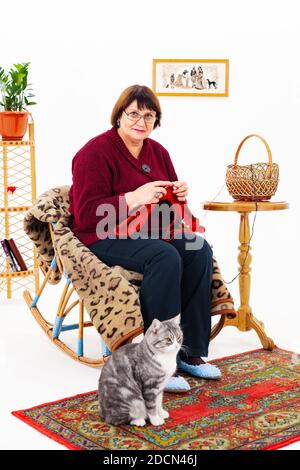 Nonna si siede su una sedia e si unisce, un gatto grigio si siede accanto a. Foto Stock