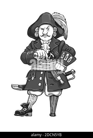 Capitano pirata con il cartoon di legno gamba. Divertente capitano Flint. Disegno bianco nero. Foto Stock