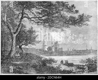 Incisione di la Rochelle nel sud-ovest della Francia e un porto marittimo sulla baia di Biscaglia, circa 1550, che mostra la Lanterna Torre e l'ingresso del porto dai giardini di posta. È ora la capitale del dipartimento della Charente-Maritime. Illustrazione da 'la storia del Protestantismo' di James Aitken Wylie (1808-1890), pub. 1878 Foto Stock