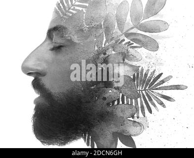 Un uomo audace con gli occhi chiusi profilo fogliame ritratto pittura d'arte Foto Stock