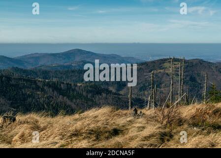 Montagne polacche in Slesia Beskid a Szczyrk. Skrzyczne collina inPolonia in autunno, stagione autunno drone aereo vista foto Foto Stock