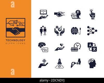 Icone di tecnologia in uno stile piatto isolato su uno sfondo bianco. Robotica, intelligenza artificiale, icone glifi. EPS 10. Illustrazione Vettoriale