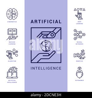 Un'ampia raccolta di icone lineari di intelligenza artificiale e tecnologie informatiche isolate su uno sfondo bianco. EPS 10. Illustrazione Vettoriale
