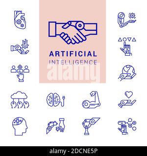 Una serie di icone nello stile lineare dell'intelligenza artificiale, dei robot e delle varie tecnologie moderne. EPS 10. Illustrazione Vettoriale