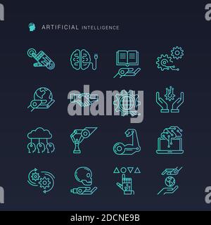 Icone di robotica e intelligenza artificiale in uno stile lineare disegnato su uno sfondo scuro isolato. EPS 10. Illustrazione Vettoriale