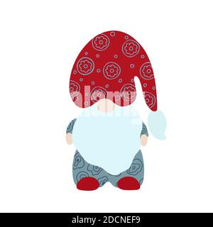 Carino colorato gnome piccolo Natale fantasia creatura semplice cartoon vettore illustrazione, disegno piatto per le cartoline d'auguri di vacanze invernali, inviti, striscioni, Babbo Natale fiaba helper Illustrazione Vettoriale