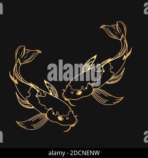 Set di Koi carpa giapponese simbolo di fortuna fortuna fortuna prosperità illustrazione vettoriale piatta dei cartoni animati di koi punteggiati rosso e nero isolato su sfondo nero Illustrazione Vettoriale