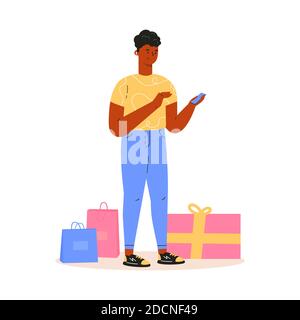 Giovane uomo che fa shopping e compra regali Illustrazione Vettoriale