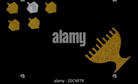Golden glitter menorah e Dreidel girando top isolato su nero. Banner della festa ebraica Hanukkah. Foto Stock