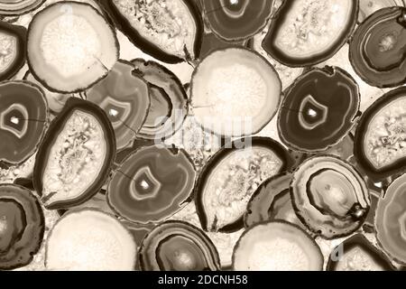 Fondo astratto, sepia toned agate slice minerale sezione trasversale, colore dell'anno 2021: Set Sail Champagne Foto Stock