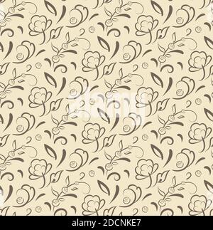 Motivo floreale senza cuciture astratto. Elegante design a motivo folk disegnato a mano, struttura sottile. Lo sfondo di colore giallo chiaro è facile da cambiare Illustrazione Vettoriale