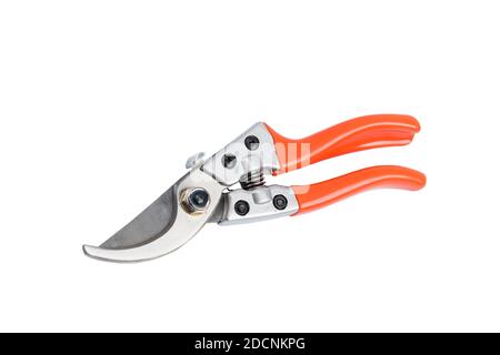 Strumento di giardinaggio, arancio nuovo pruner pulito secateurs forbici su sfondo isolato per tagliare rami di albero Foto Stock