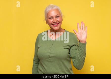 Donna anziana amichevole che guarda sorridendo felice, dicendo Ciao, Ciao o Bye, sventolando la mano alla macchina fotografica. Foto Stock