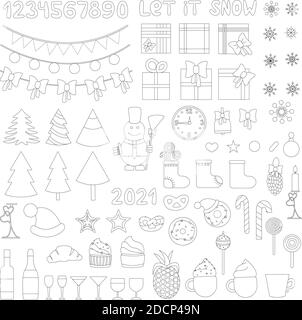 Set sottile icone di Natale. Simboli vettoriali a colori di stile semplice isolati su bianco. Ci sono albero, torta, fiocco di neve, alcol, vetro, presente, orologio, s. Illustrazione Vettoriale