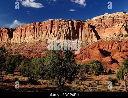 Vista su UNA colorata Butte dalla Scenic Drive Road Capitol Reef National Park nel tardo pomeriggio, domenica su UN Giorno estivo soleggiato con un cielo blu chiaro e UN Foto Stock