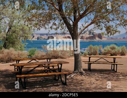 Area picnic ombreggiata sotto un albero a Wahweap Marina at Lago Powell Arizona in UNA giornata estiva di sole con UN Cielo blu chiaro e alcune nuvole Foto Stock