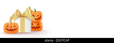 Scatola regalo di Halloween e illustrazione vettoriale delle zucche. Sfondo di Halloween per il tuo testo. Illustrazione Vettoriale
