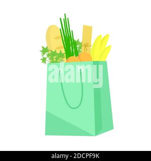 Sacchetto di carta con generi alimentari. Borse per la spesa ecocompatibili. Set sacchetto di carta. Confezione per acquisti invernali. Illustrazione Vettoriale