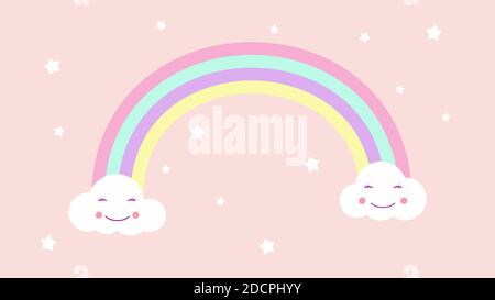 Kawaii divertente set di nuvole bianche, museruola con guance rosa e occhi verricelli, arcobaleno su sfondo rosa chiaro. Vettore. Illustrazione Vettoriale