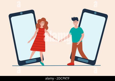 Online dating app concetto. Uomo e donna che si incontrano nella rete sociale. Amore virtuale, relazione a lunga distanza. Illustrazione vettoriale in stile piatto. Illustrazione Vettoriale