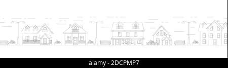Villaggio quartiere linea art vettore. Edifici residenziali su strade suburbane Illustrazione Vettoriale