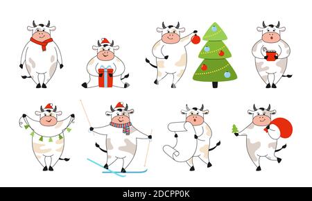 bull Set di Natale. Mucca di cartone animato, bufalo, vitello. Collezione personaggio fattoria animale, cappello da regalo, ghirlanda, albero. Simbolo del nuovo anno, simbolo dell'oroscopo. Felice anno nuovo e Buon Natale. Vettore vacanze animali Illustrazione Vettoriale