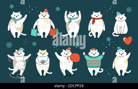 Set di gatti natalizi. Gattino di nuovo anno in cappelli di Babbo Natale. I gatti dei fumetti divertenti disegnati a mano. Collezione animali con regalo, acquisto. Felice anno nuovo, Buon Natale. Vettore dei caratteri delle festività animali Illustrazione Vettoriale