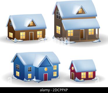 Cartoon casa Cottages, case di campagna. Decorazioni natalizie. Nuovo anno, set di icone vettoriali 3d. Vettore casa cartoon Illustrazione Vettoriale