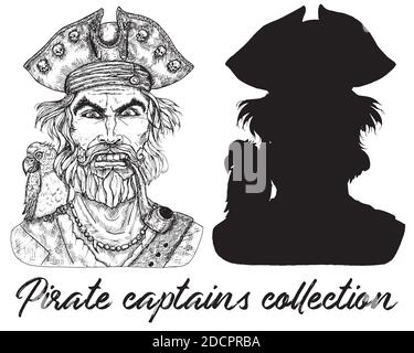 Arrabbiato capitano pirata e silhouette isolato su bianco. Illustrazione vettoriale disegnata a mano di marinaio, marinaio o marinaio in vecchio stile vintage Illustrazione Vettoriale