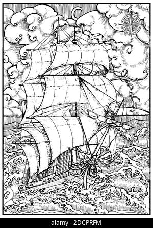 Illustrazione nautica vettoriale, concetto storico di avventura, disegno grafico t-shirt Illustrazione Vettoriale