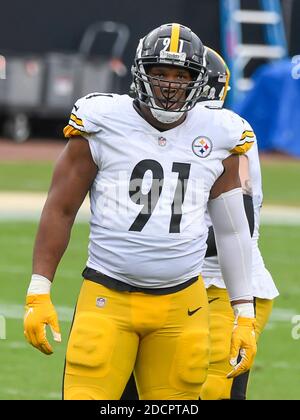 Jacksonville, Florida, Stati Uniti. 22 novembre 2020. Pittsburgh Steelers Defensive End Stephon Tuitt (91) durante la prima partita di football NFL tra i Pittsburgh Steelers e i Jacksonville Jaguars al TIAA Bank Field di Jacksonville, Florida. Romeo T Guzman/CSM/Alamy Live News Foto Stock