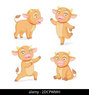 Cute bue del bambino in varie pose. Set di illustrazioni vettoriali cartoon su sfondo bianco. Illustrazione Vettoriale
