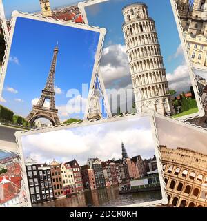 Vintage sfondo di viaggio con retro foto di monumenti europei. La Torre Eiffel a Parigi, la Torre Pendente di Pisa, Colosseo a Roma, vecchie case di Amst Foto Stock