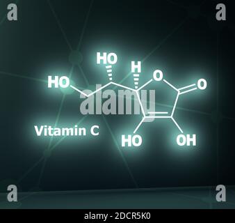 Formula chimica strutturale dell'acido ascorbico. , rendering 3D Foto Stock