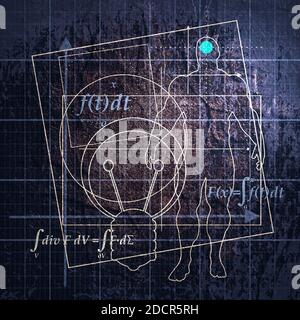 Modello sottile futuristico astratto con formula matematica, silhouette umana e forme geometriche. Concetto di plottaggio del progetto disegnato con ingegneria matematica. GRU Foto Stock
