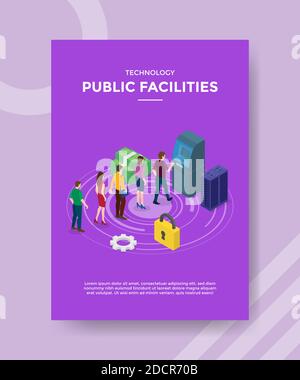 tecnologia strutture pubbliche persone in piedi in attesa in linea anteriore atm macchina per modello di banner, volantino, libri copertina, riviste Illustrazione Vettoriale